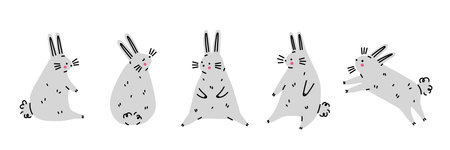Gray Easter bunny set. Funny cartoon rabbit in different poses. flat vector illustrationのイラスト素材