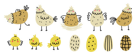 Cute hand drawn chicken set. Chickens, chicks, and eggs in doodle style. simple vector illustrationのイラスト素材