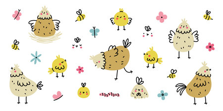 Cute hand drawn chicken set. Chickens, chicks, flowers, bees, and butterflies in doodle style. simple vector illustrationのイラスト素材