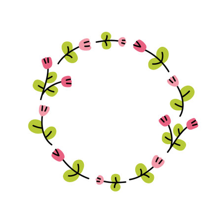 Floral wreaths with tulips. Flat hand drawn vector illustration.のイラスト素材
