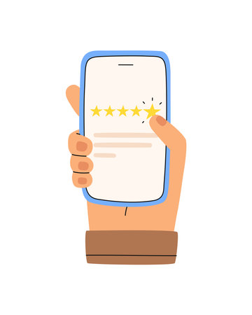 Consumer feedback. Hand clicks on a five star rating. Client leaves a positive review. Flat cartoon vector illustration.のイラスト素材