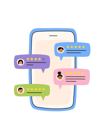 Customer review concept. People giving feedback. Clients leaving different reviews. Flat cartoon vector illustration.のイラスト素材