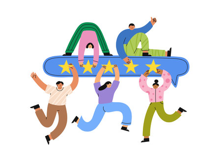 Consumer feedback. People give five stars feedback. Clients leaving positive review. Flat cartoon vector illustration.のイラスト素材