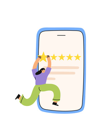 Consumer feedback. Woman give five stars feedback in the app. Client leaves a positive review. Flat cartoon vector illustration.のイラスト素材
