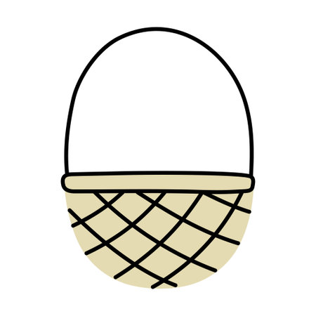 Empty hand drawn round basket. Wicker picnic basket. Simple flat vector illustration.のイラスト素材