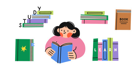 Pile of books in a flat style. Girl reading book. Vector illustration.のイラスト素材