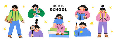 School childrens characters collection with different interests. Science, art, reading, exploration, study.のイラスト素材