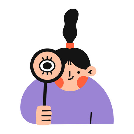 Girl with magnifying glass. Search, explore, investigation concept. Flat vector illustration.のイラスト素材