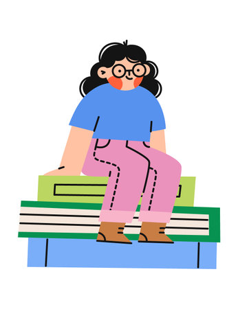 Girl sitting on pile of books. Concept studying and education. Vector flat illustration.のイラスト素材