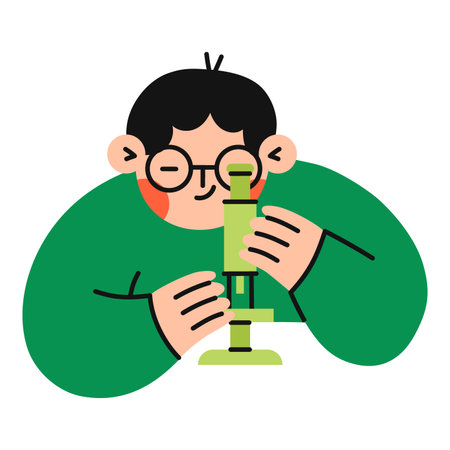 Boy looking through microscope. School boy studying. Flat vector illustration.のイラスト素材