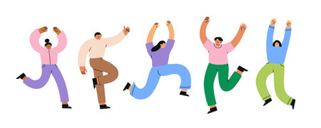 Happy jumping diverse people. Success, teamwork and friendship concept. Flat vector illustration.のイラスト素材