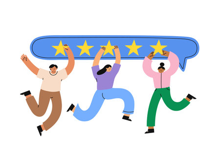 Consumer feedback. People give five stars feedback. Clients leaving positive review. Flat cartoon vector illustrationのイラスト素材