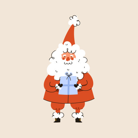 Christmas Santa Claus character. Cute Santa with gift box. Vector flat cartoon illustration.のイラスト素材