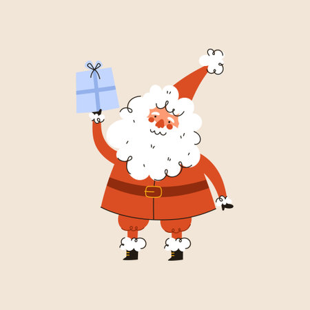 Christmas Santa Claus character. Cute Santa with gift box. Vector flat cartoon illustration.のイラスト素材