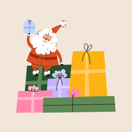 Christmas Santa Claus character with gift box. Cute Santa on a pile of gifts. Vector flat cartoon illustration.のイラスト素材