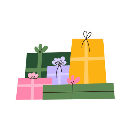 Pile of colorful wrapped gift boxes. Vector flat cartoon illustration.のイラスト素材