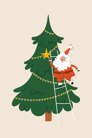 Christmas Santa Claus character. Cute Santa decorating Christmas tree. Vector flat cartoon illustration.のイラスト素材