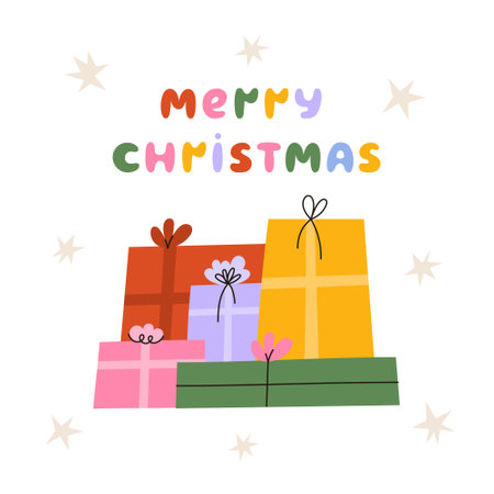 Merry Christmas Card with gift boxes. Vector flat cartoon illustration.のイラスト素材