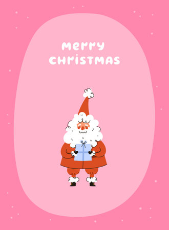 Merry Christmas Card with Santa Claus character. Cute Santa with gift box. Vector flat cartoon illustration.のイラスト素材