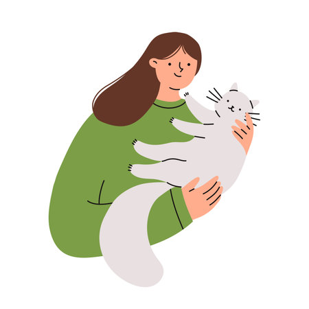 Woman is holding a cute cat in her hands. Pet owner. Flat vector illustration.のイラスト素材