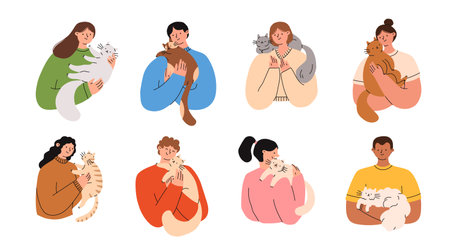 Pet owners set. People are holding cute cats in their hands. Flat vector illustration.のイラスト素材