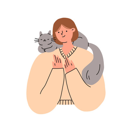 Woman is holding a cute cat in her hands. Pet owner. Flat vector illustration.のイラスト素材