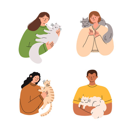 Pet owners set. People are holding cute cats in their hands. Flat vector illustration.のイラスト素材