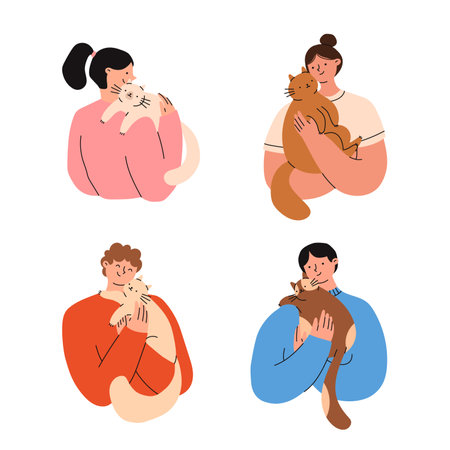 Pet owners set. People are holding cute cats in their hands. Flat vector illustration.のイラスト素材