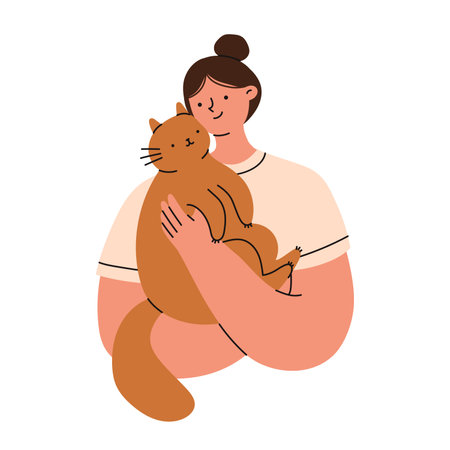 Woman is holding a cute cat in her hands. Pet owner. Flat vector illustration.のイラスト素材