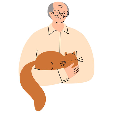 Elderly man with his pet cat. Happy domestic animal owner. Flat vector illustrations.のイラスト素材