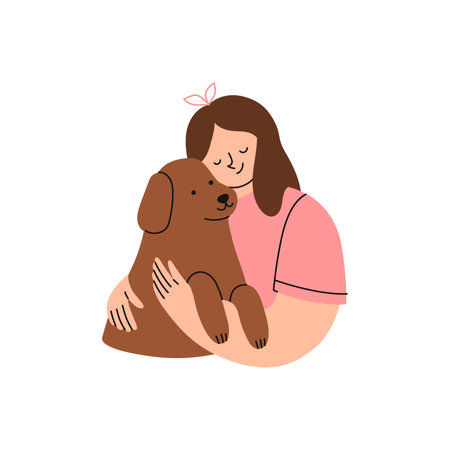 Kid with pet. Girl holding dog. Happy domestic animal owner. Flat vector illustrations.のイラスト素材