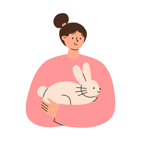Woman holding her pet rabbit. Happy domestic animal owner. Flat vector illustrations.のイラスト素材