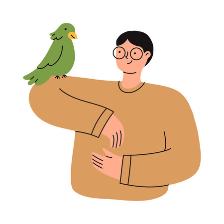 Man holding his pet parrot. Happy domestic animal owner. Flat vector illustrations.のイラスト素材