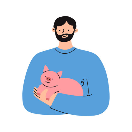 Man holding his pet pig. Happy domestic animal owner. Flat vector illustrations.のイラスト素材