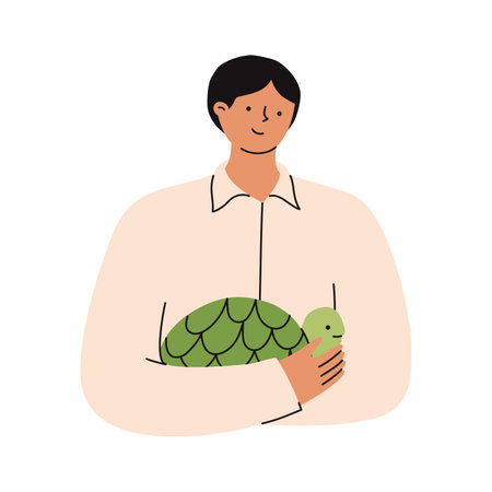 Man holding his pet turtle. Happy domestic animal owner. Flat vector illustrations.のイラスト素材