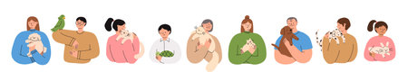 Set of people holding their pets. Happy domestic animal owners. Pet lowers concept. Flat vector illustration isolated on a white background.のイラスト素材