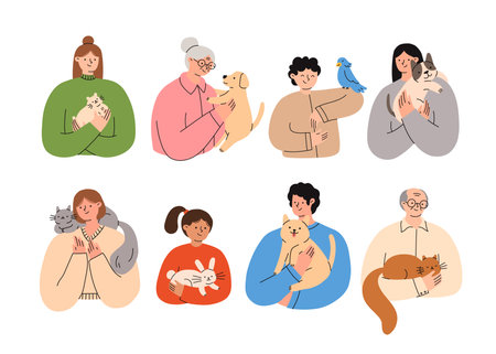 Set of people holding their pets. Happy domestic animal owners. Pet lowers concept. Flat vector illustration isolated on a white background.のイラスト素材