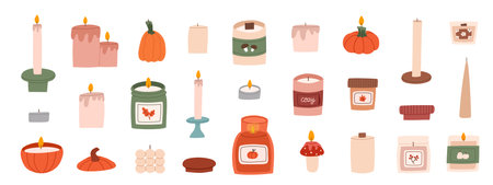 Cozy autumn scented candles set. Collection of various aromatic candles .Hand drawn hygge candlelights. Aromatherapy and relaxation. Flat vector illustration.のイラスト素材
