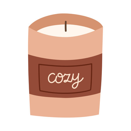 Cozy autumn scented candle. Aromatic hand drawn hygge candle. Aromatherapy and relaxation. Flat vector illustration.のイラスト素材
