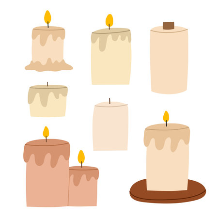 Various wax candles set. Collection of decorative candles for relax and spa. Different shapes and sizes. Hand drawn flat vector illustration.のイラスト素材