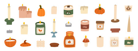 Various scented candles set. Collection of cozy aromatic candles. Aromatherapy and relaxation. Hand drawn flat vector illustration.のイラスト素材
