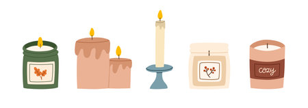 Various scented candles set. Collection of cozy aromatic candles. Aromatherapy and relaxation. Hand drawn flat vector illustration.のイラスト素材