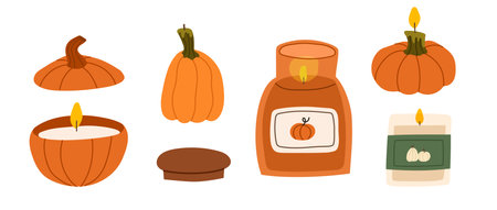 Pumpkin scented candles set. Cozy autumn aromatic candles .Hand drawn hygge candlelights. Flat vector illustration.のイラスト素材