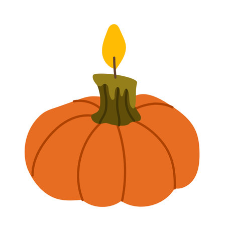Pumpkin shape scented candle. Cozy autumn aromatic candle .Hand drawn Halloween candlelight. Flat vector illustration.のイラスト素材
