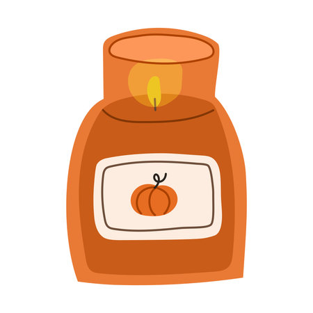 Pumpkin scented candle. Cozy autumn aromatic candle .Hand drawn hygge candlelight. Flat vector illustration.のイラスト素材