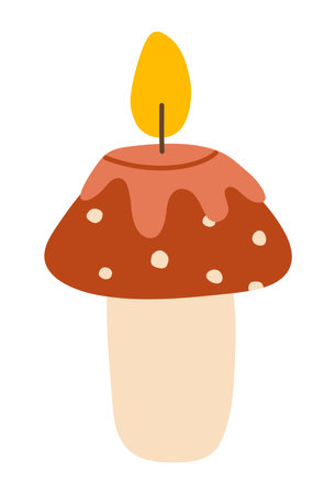 Mushroom shape scented candle. Cozy autumn aromatic candle .Hand drawn hygge candlelight. Flat vector illustration.のイラスト素材