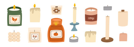 Various scented candles set. Collection of cozy aromatic candles. Aromatherapy and relaxation. Hand drawn flat vector illustration.のイラスト素材