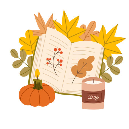 Cozy autumn scene with tea cup, open book, candle and leaves. Fall hand drawn composition with warm atmosphere. Flat vector illustration.のイラスト素材