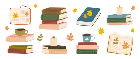 Book piles set with coffee, tea, candles and leaves. Cozy autumnal reading atmosphere. Flat vector illustration.のイラスト素材