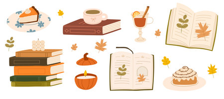 Cozy autumn hand drawn reading collection. Set of books and autumn vibe elements. Cup of tea, coffee, candles, pumpkin pie, cinnamon roll. Flat vector illustration.のイラスト素材